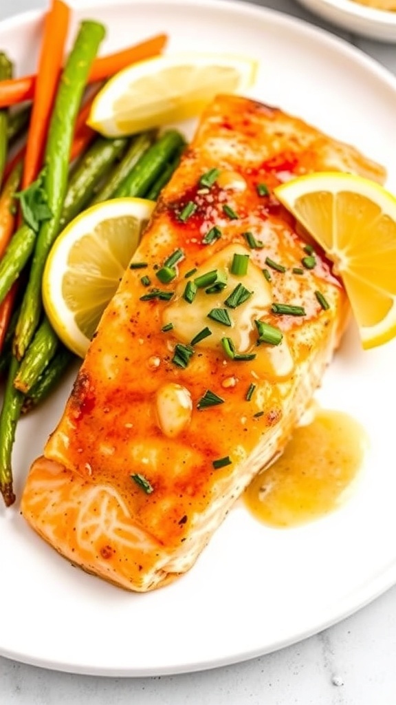 Air Fryer Salmon with Dijon Mustard Air fryer salmon fillet with Dijon mustard glaze, garnished with herbs and lemon, on a white plate.